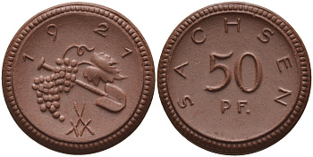 Саксония 50 пфеннигов 1921 виноград и лопата J. N 54 фарфор 1094-5-72