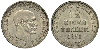 Ганновер 1/12 талера 1851 B, Эрнст Август (1837-1851) KM 206, AKS 115 серебро aUNC 1519-1445