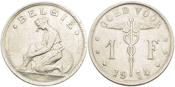 БЕЛЬГИЯ 1 ФРАНК 1934 BELGIE, АЛЬБЕРТ I (1909-1934) KM 90 никель 202-926