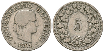 Швейцария 5 раппенов 1904 B KM 26 медно-никель 39-151