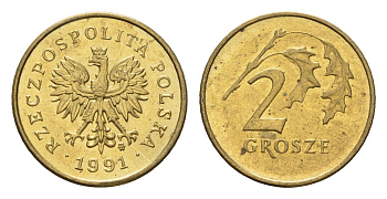 Польша 2 гроша 1991 Y 277 марганец латунь UNC 4674-941