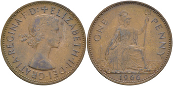Великобритания 1 пенни 1966 Елизавета II (1952-2022) KM 897, Spink 4157 бронза 4557-1021
