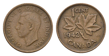 Канада 1 цент 1942 Георг VI (1937-1952), кленовый лист KM 32 бронза 4684-138