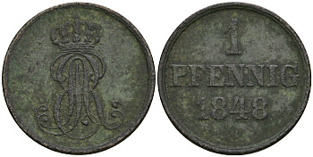 Ганновер 1 пфенниг 1848 B, Эрнст Август (1837-1851) KM 201.1, AKS 129, J. 74 медь 08-1425