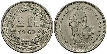 Швейцария 2 франка 1969 B KM 21a медно-никель 4171-1227