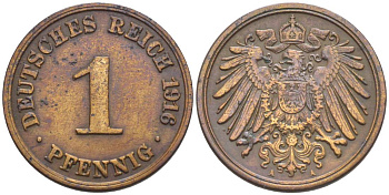 ГЕРМАНИЯ 1 ПФЕННИГ 1916 A KM 10, Jager. 10, Weege 2 медь 4528-742