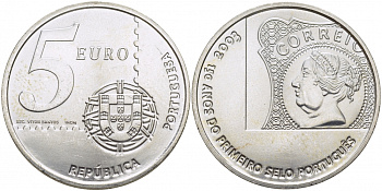 Португалия 5 евро 2003 150 летие первой Португальской марке KM 749 серебро UNC 3896-1125