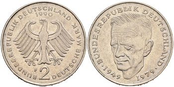 ФРГ 2 МАРКИ 1990 F, КУРТ ШУМАХЕР KM 149, J. 424 медно-никель плакированный никелем 4511-111