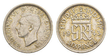 Великобритания 6 пенсов 1943 Георг VI (1936-1952) KM 852, Spink 4084 серебро 4636-234