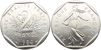 Франция 2 франка 1984 сеятель, тираж 50347 экземпляров KM 942.1, LE FRANC 272.8 никель UNC 1526-1341