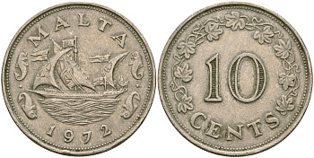 Мальта 10 центов 1972 баржа Великого магистра KM 11 медно-никель 4137-926
