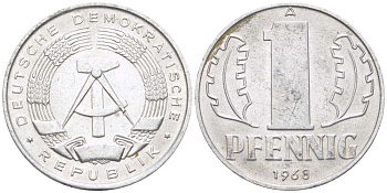 ГДР 1 ПФЕННИГ 1968 А KM 8.1 алюминий 179-1067