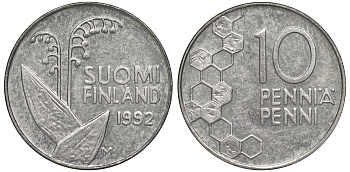 ФИНЛЯНДИЯ 10 ПЕННИ 1992 M, ЛАНДЫШ KM 65 медно-никель 3334-1162