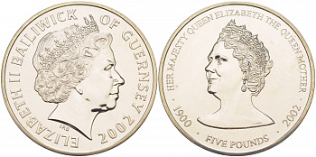 Гернси 5 фунтов 2002 королева Елизавета, королева мать KM 127 медно-никель UNC 04-092-44