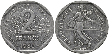 ФРАНЦИЯ 2 ФРАНКА 1980 СЕЯТЕЛЬ KM 942.1, LE FRANC 272.4 никель 65-1026