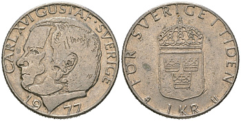 Швеция 1 крона 1977 Карл XVI Густав (1973- ) KM 852 медь плакированная медно-никелем 4620-415