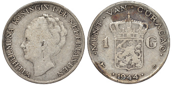 Нидерландское Кюрасао 1 гульден 1944 D, Вильгельмина (1890-1948) KM 45 серебро 36-443