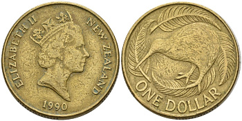 Новая Зеландия 1 доллар 1990 Елизавета II (1952-2022), птица киви KM 78 алюминиевая бронза 29-517