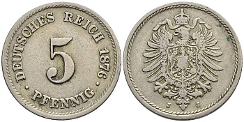 ГЕРМАНИЯ 5 ПФЕННИГОВ 1876 J, СТАРОГЕРБОВКА KM 3, Jager 3, Weege 5 медно-никель 4546-1047
