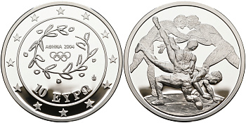 Греция 10 евро 2004 XXVIII летние Олимпийские игры 2004 года в Афинах, борьба KM 203 серебро PROOF 01-167-24