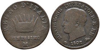 ИТАЛИЯ, КОРОЛЕВСТВО НАПОЛЕОНА 1 ЧЕНТЕЗИМО 1807 M, НАПОЛЕОН БОНАПАРТ KM 1.2 медь 100-531