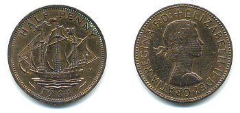 Великобритания 1/2 пенни 1964 Елизавета II (1952-2022) KM 896, Spink 4158 бронза 59-912