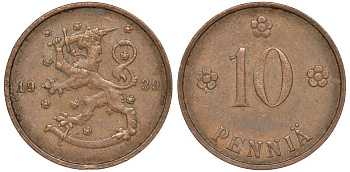 Финляндия 10 пенни 1939 KM 24 медь 51-3052