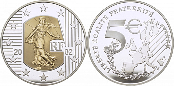 Франция 5 евро 2002 сеятель, карта Европы, золотая вставка, тираж 8408 экземпляра KM 1347 биметалл  PROOF 00-806-27