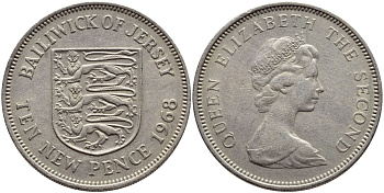 ДЖЕРСИ 10 ПЕНСОВ 1968 ЕЛИЗАВЕТА II KM 33 медно-никель 4394-511