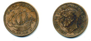 Великобритания 1/2 пенни 1938 Георг VI (1936-1952) KM 844, Spink 4115 бронза 4383-1017