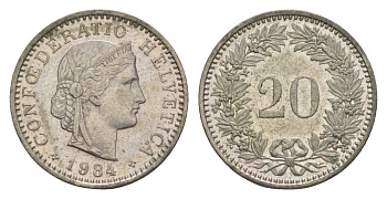 Швейцария 20 раппенов 1984 KM 29a медно-никель 4630-1025