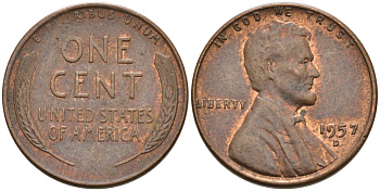 США 1 цент 1957 D, Линкольн KM А132 медь цинк 4564-266