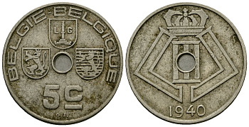 Бельгия 5 сантимов 1940 Belgie - Belgique KM 111 никель латунь 4173-637