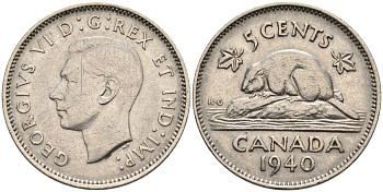 Канада 5 центов 1940 бобр, Георг VI (1937-1952) KM 33 никель 4586-417