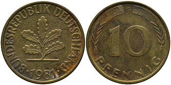 ФРГ 10 ПФЕННИГОВ 1981 G KM 108, J.383 сталь плакированная латунью 33-144
