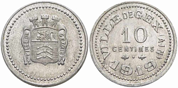 ФРАНЦИЯ 10 САНТИМОВ 1919 VILLE de GEX, ТОКЕН, ГОРОД ЖЕКС Elie 10.2 алюминий 24-741