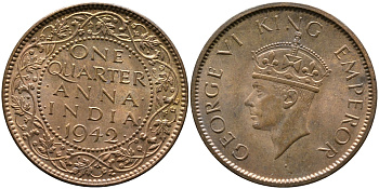Британская Индия 1/4 анна 1942 Георг VI (1937-1952) KM 531 бронза aUNC 179-956