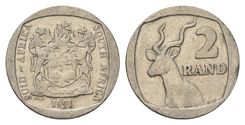 ЮАР 2 ранда 1991 KM 139 медь плакированная никелем 4626-1144