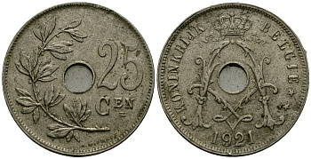 Бельгия 25 сантимов 1921 Belgie KM 69 медно-никель 4165-814