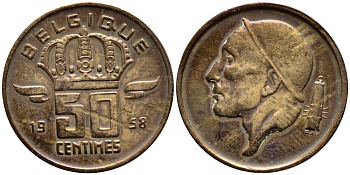БЕЛЬГИЯ 50 САНТИМОВ 1958 BELGIQUE KM 148.1 бронза 4392-827