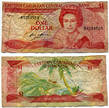 Восточно-Карибские штаты 1 доллар 1988-1989 TDLR, буква А, серия ВА Pick 21а бумага VF- 2197-33-2-1
