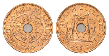 Родезия и Ньясаленд 1/2 пенса 1964 Елизавета II (1952-2022), жирафы KM  1 бронза  UNC  4640-867