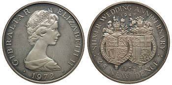 Гибралтар 25 пенсов 1972 серебряная свадьба Елизаветы II и Филиппа (1947-1972) KM 6а серебро PROOF 1091-1-22