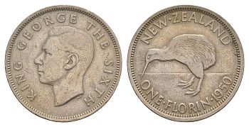 Новая Зеландия 1 флорин = 2 шиллинга 1950 Георг VI (1936-1952), птичка киви KM 18 медно-никель 4650-813