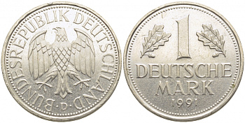 ФРГ 1 МАРКА 1991 D J.385, KM 110 медно-никель 3856-236