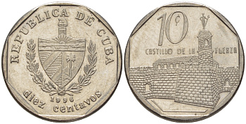Куба 10 сентаво 1996 форт в Гаване Ла-Фуэрса KM 576.2 сталь плакированная никелем 66-664