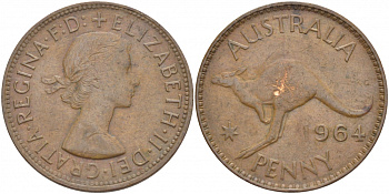 АВСТРАЛИЯ 1 ПЕННИ 1964 m, ЕЛИЗАВЕТА II (1953-), КЕНГУРУ KM 56 бронза 3457-112