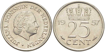 Нидерланды 25 центов 1957 Юлиана (1949-1980) KM 183 никель 214-923