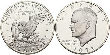 США 1 доллар 1971 S, Президент Эйзенхауэр, лунный орел KM 203a серебро  PROOF 1095-7-51