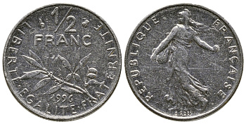 ФРАНЦИЯ 1/2 ФРАНКА 1996 KM 931.1 никель 93-1422